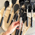 12-piece silicone kitchen utensil set with stainless steel handles and storage holder