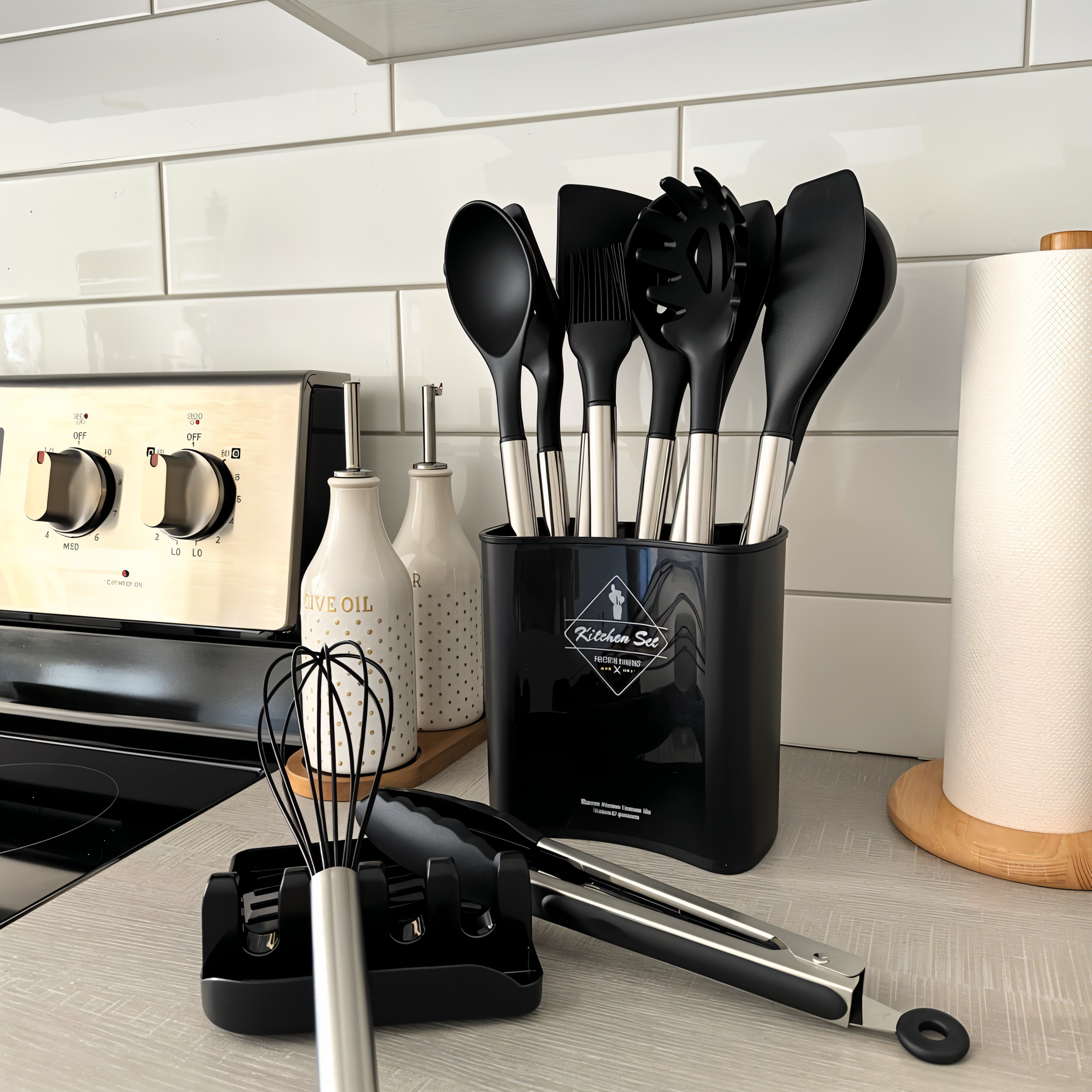 12-piece silicone kitchen utensil set with stainless steel handles and storage holder