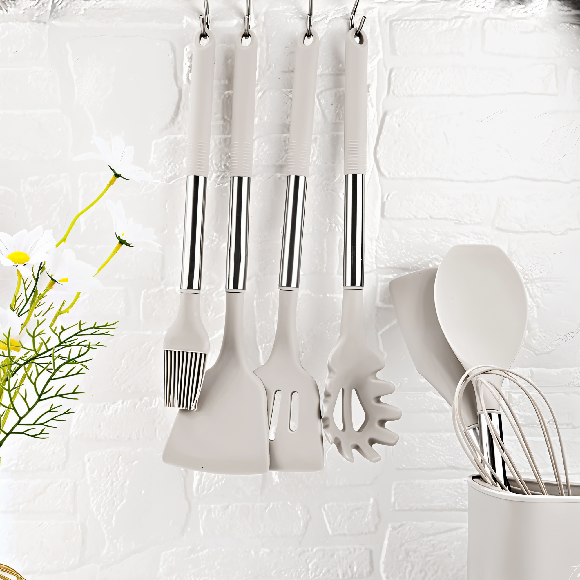 12-piece silicone kitchen utensil set with stainless steel handles and storage holder
