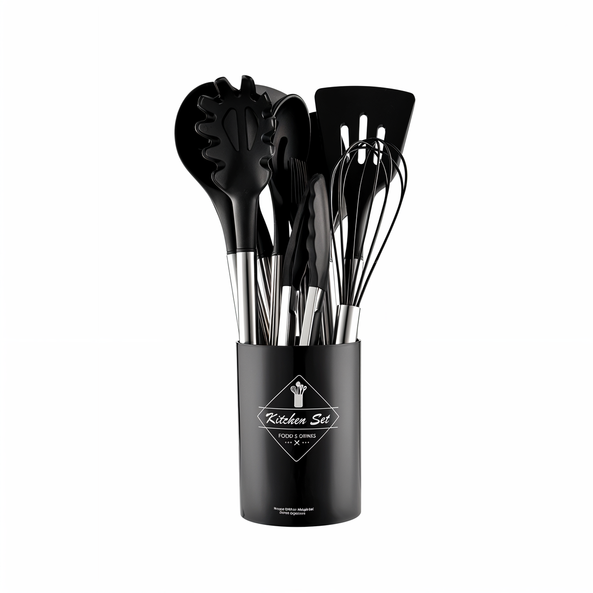 12-piece silicone kitchen utensil set with stainless steel handles and storage holder