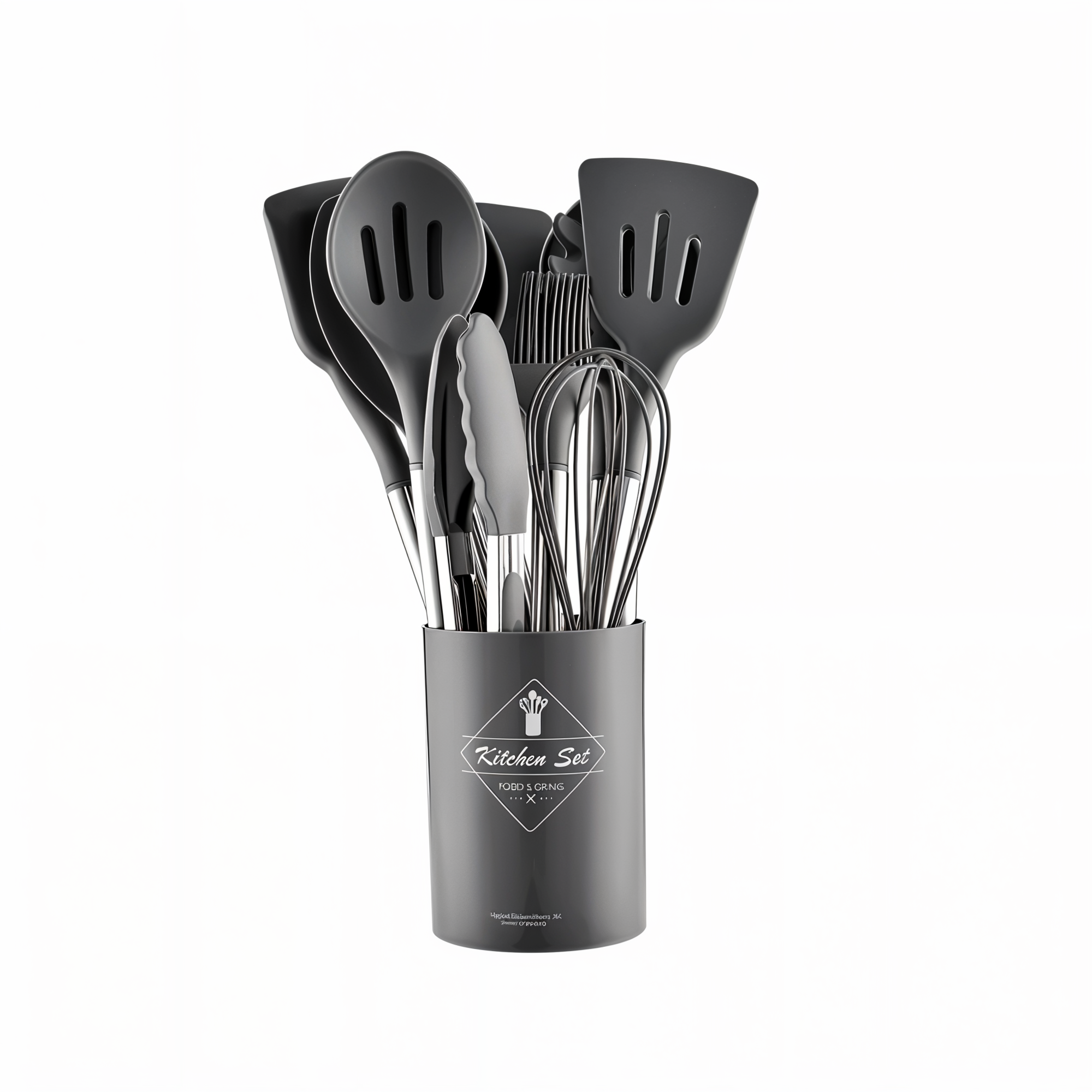 12-piece silicone kitchen utensil set with stainless steel handles and storage holder