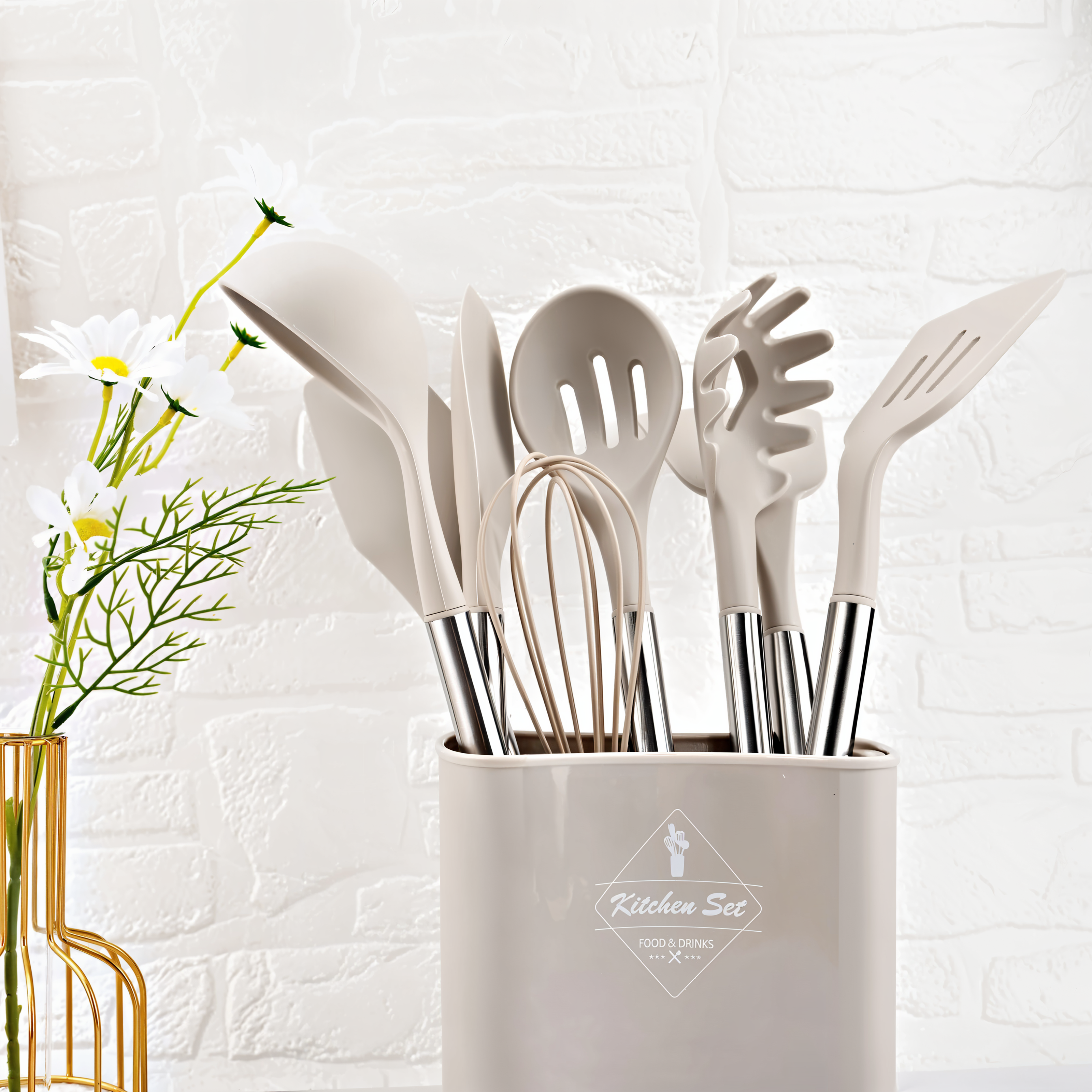 12-piece silicone kitchen utensil set with stainless steel handles and storage holder