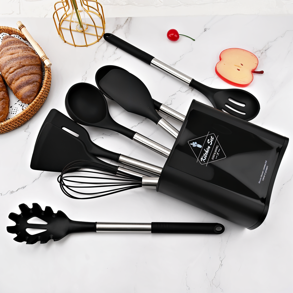 12-piece silicone kitchen utensil set with stainless steel handles and storage holder