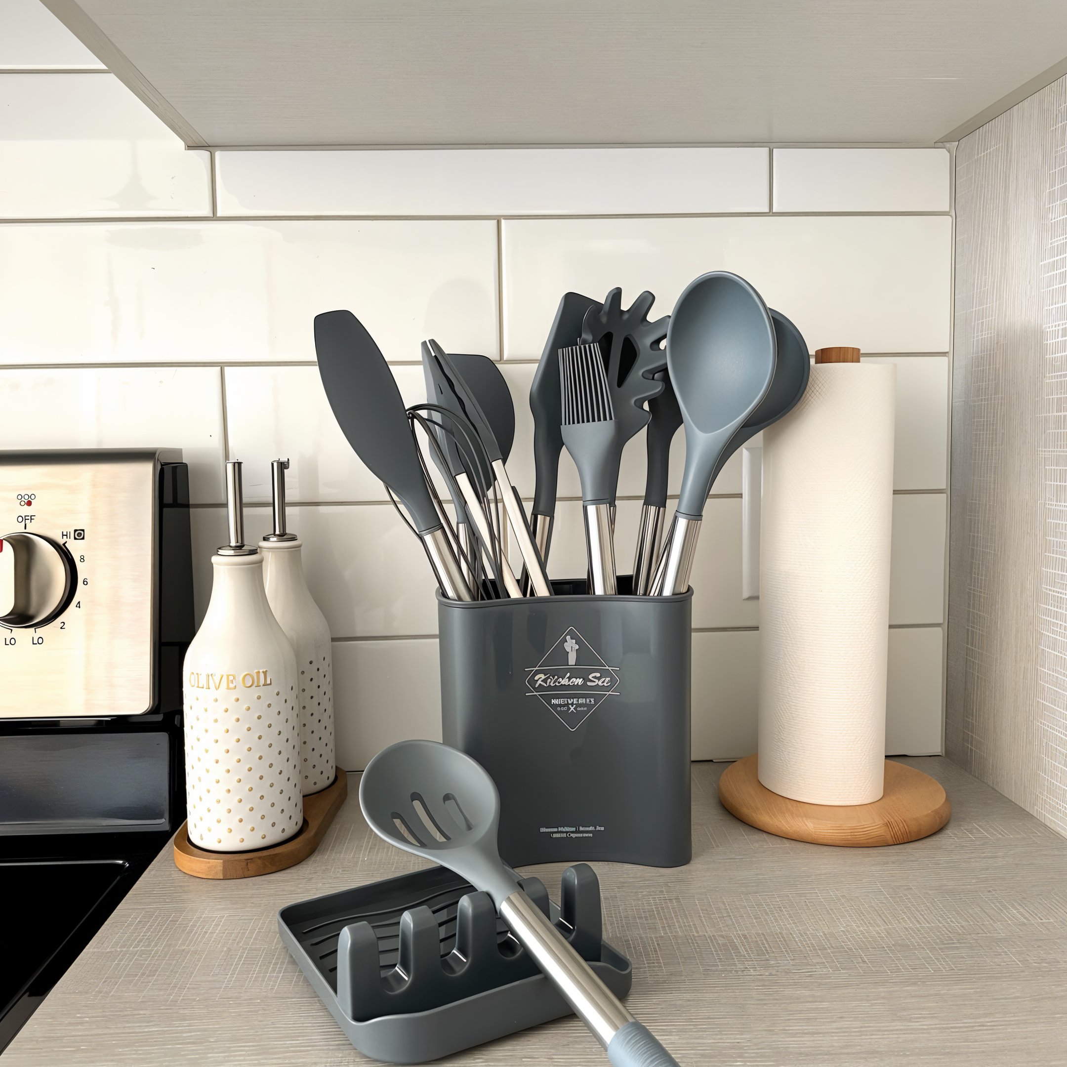 12-piece silicone kitchen utensil set with stainless steel handles and storage holder