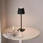 Dimmable rechargeable wireless LED table lamp with pleated shade warm white light