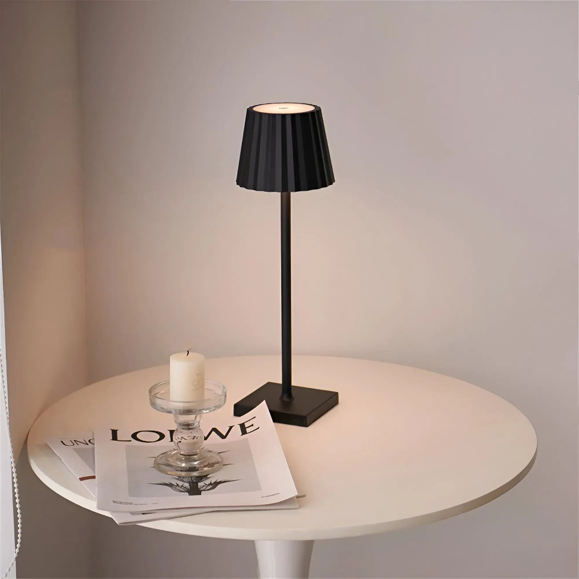 Dimmable rechargeable wireless LED table lamp with pleated shade warm white light