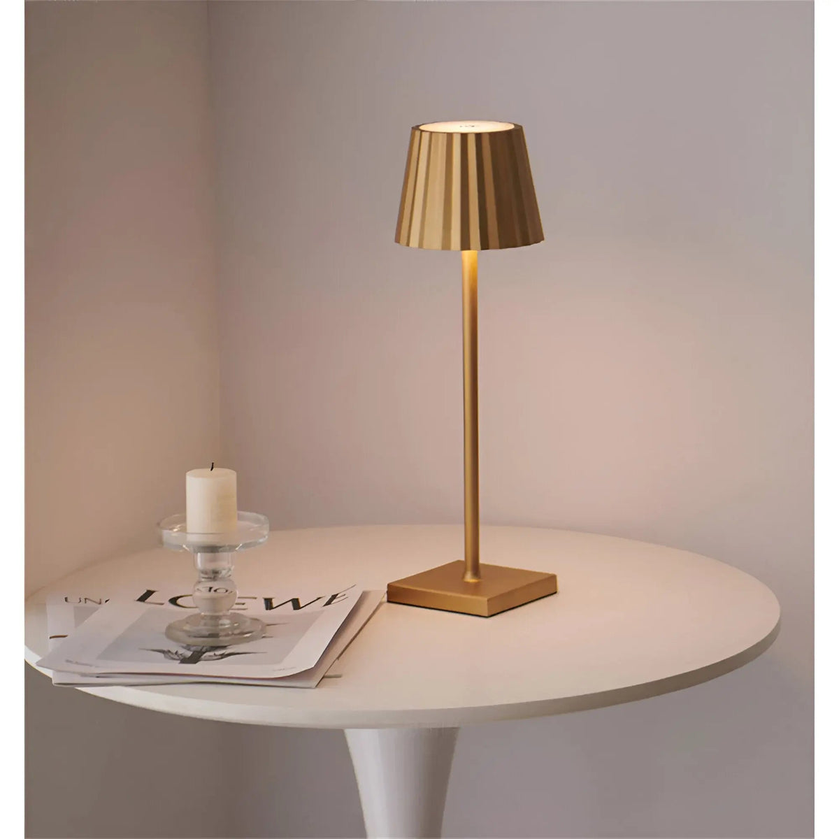 Dimmable rechargeable wireless LED table lamp with pleated shade warm white light