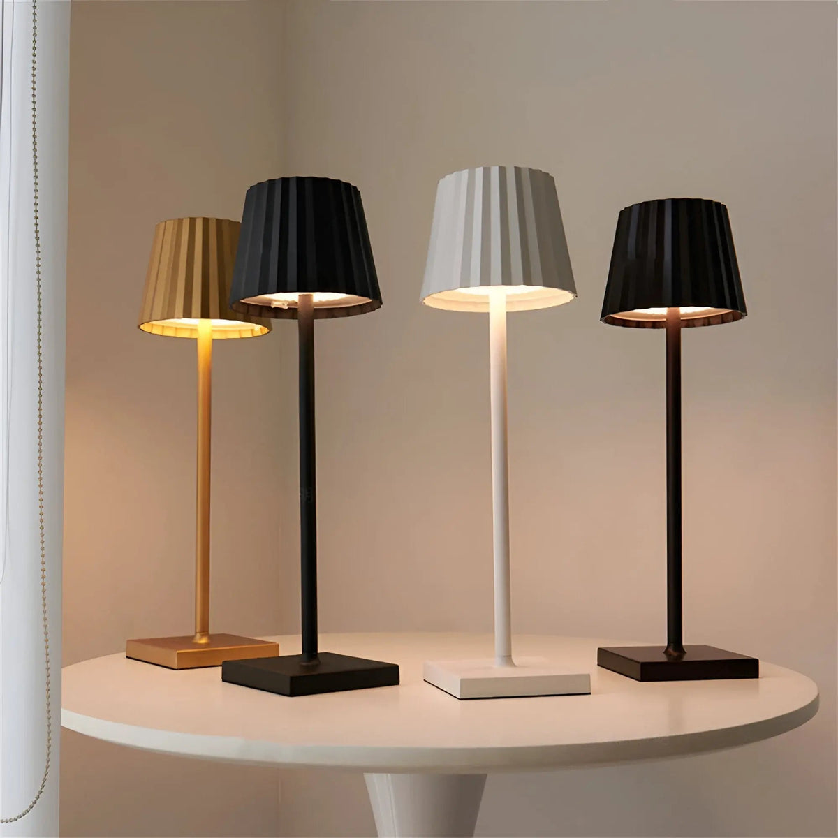 Dimmable rechargeable wireless LED table lamp with pleated shade warm white light