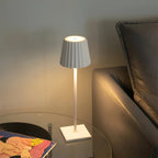 Dimmable rechargeable wireless LED table lamp with pleated shade warm white light