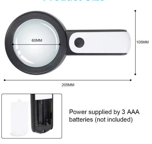 Magnifying glass for seniors with 30X zoom and 12 built-in LED lights, lightweight handheld