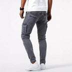 Men's slim fit cargo jeans in grey, light blue and black, street style denim