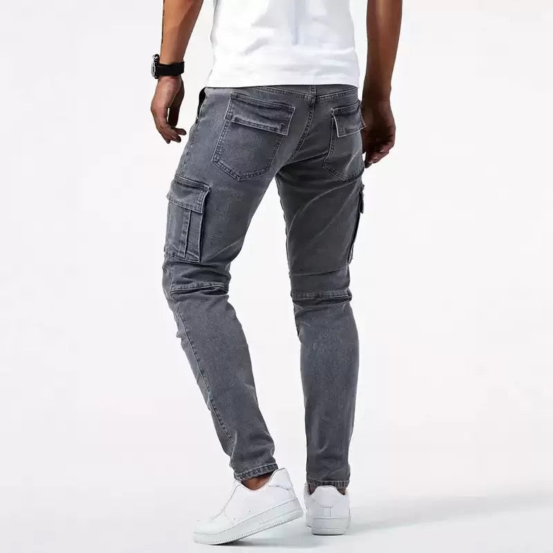 Men's slim fit cargo jeans in grey, light blue and black, street style denim