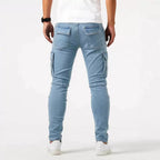 Men's slim fit cargo jeans in grey, light blue and black, street style denim