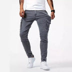 Men's slim fit cargo jeans in grey, light blue and black, street style denim