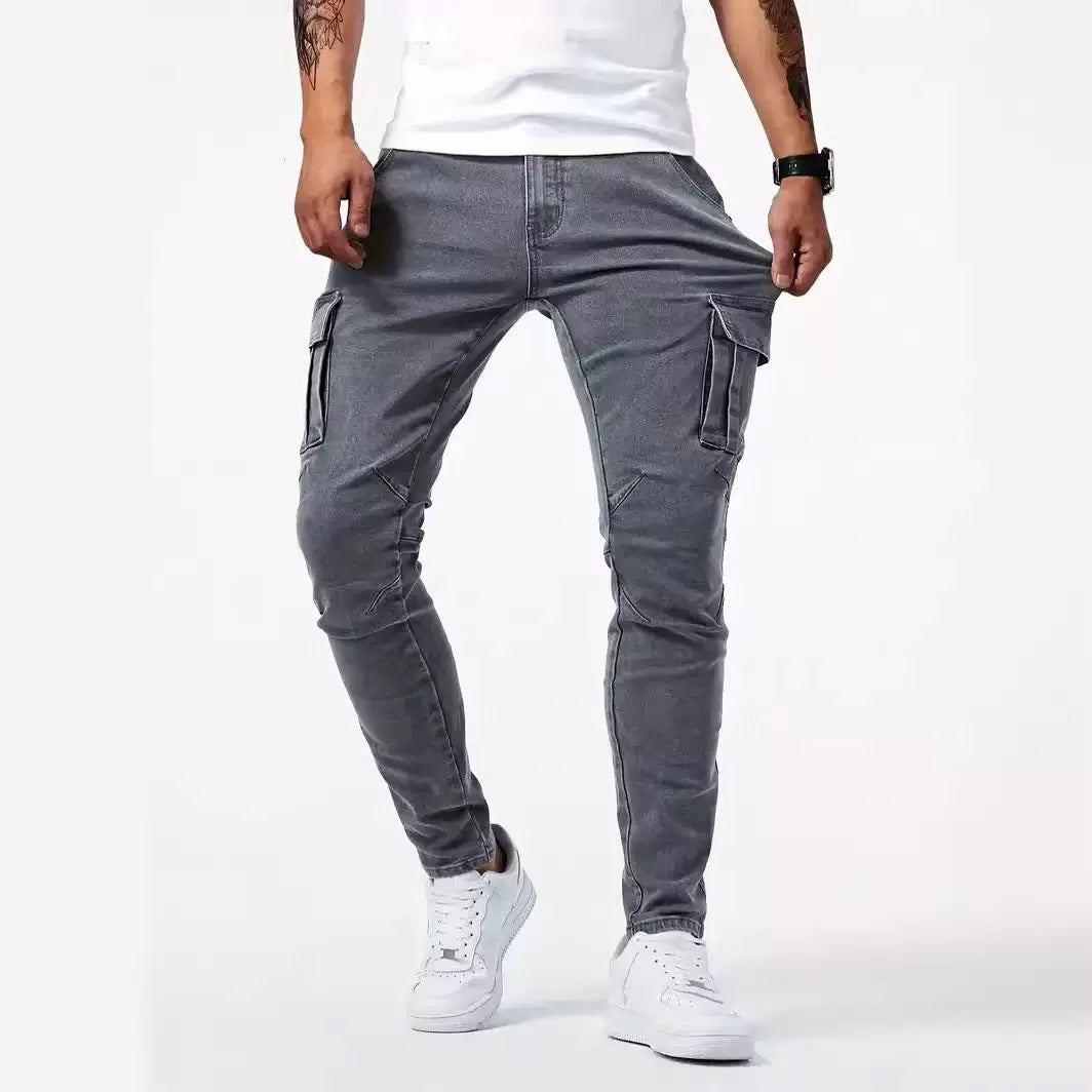 Men's slim fit cargo jeans in grey, light blue and black, street style denim