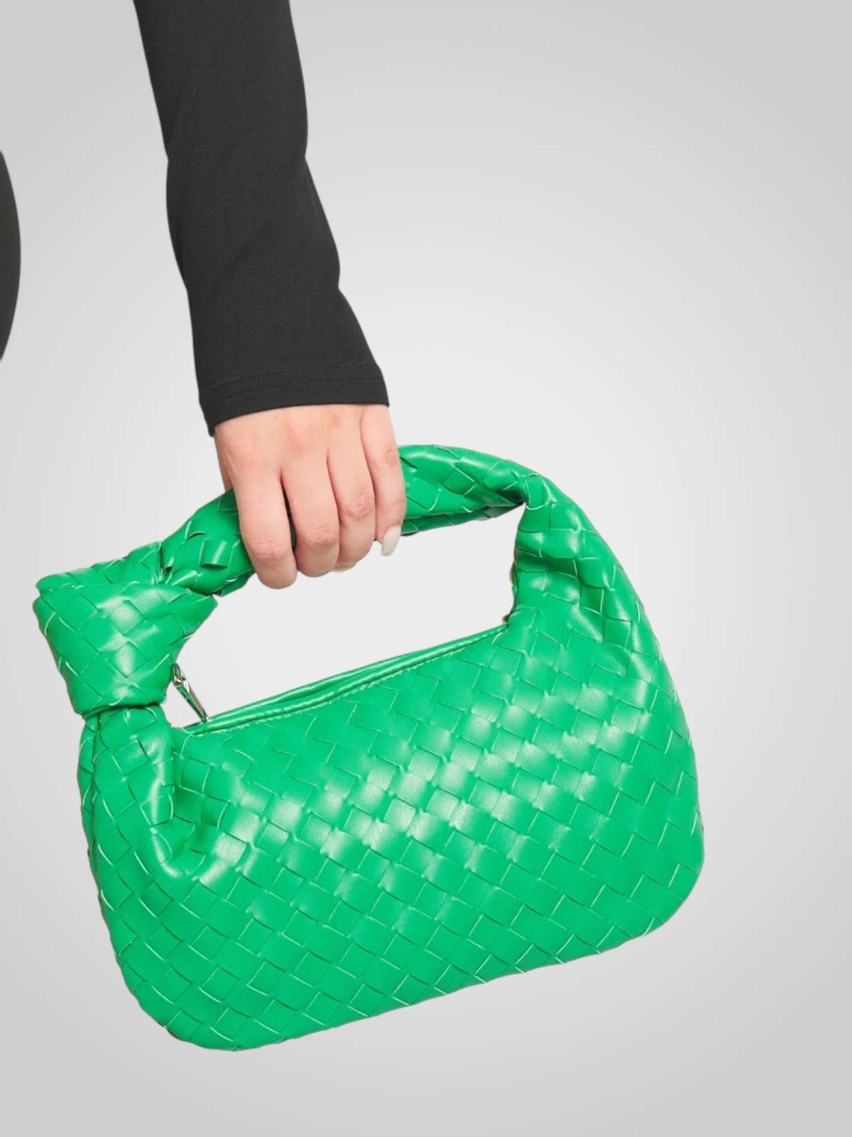 Women mini bag with woven knot top handle in eco-leather zip closure