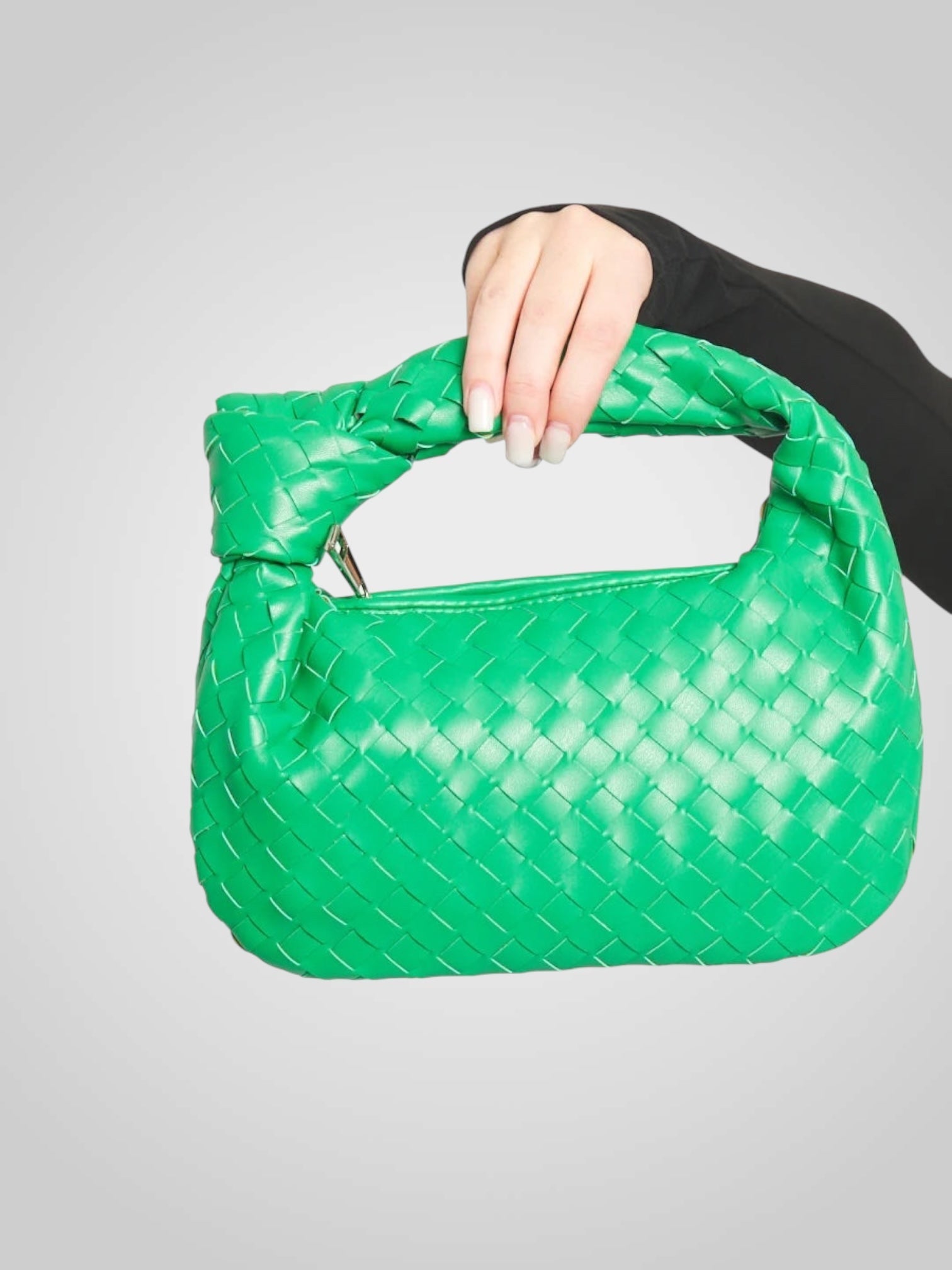 Women mini bag with woven knot top handle in eco-leather zip closure