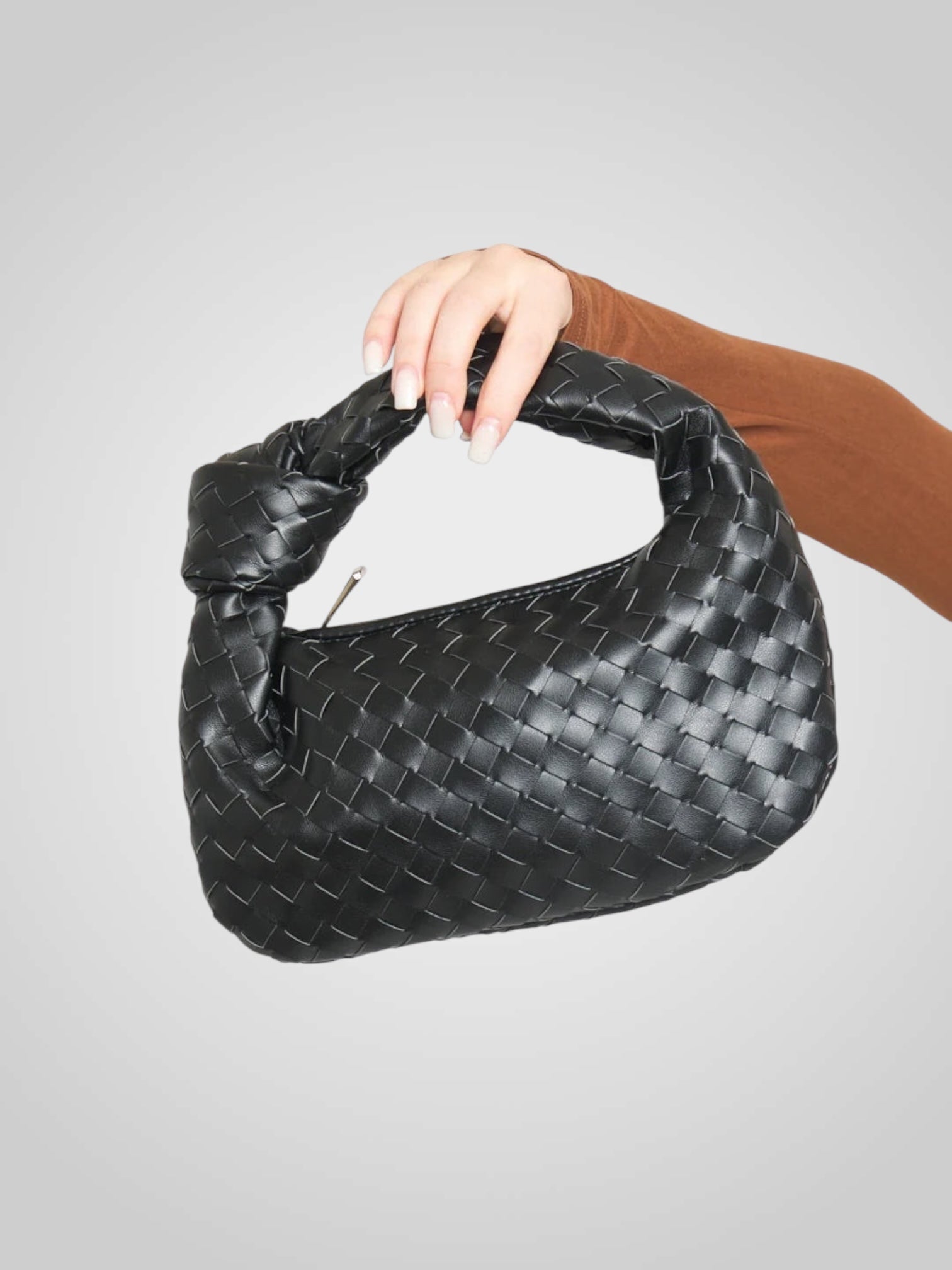 Women mini bag with woven knot top handle in eco-leather zip closure