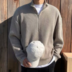 Men half zip sweater pleated knit in navy blue and grey