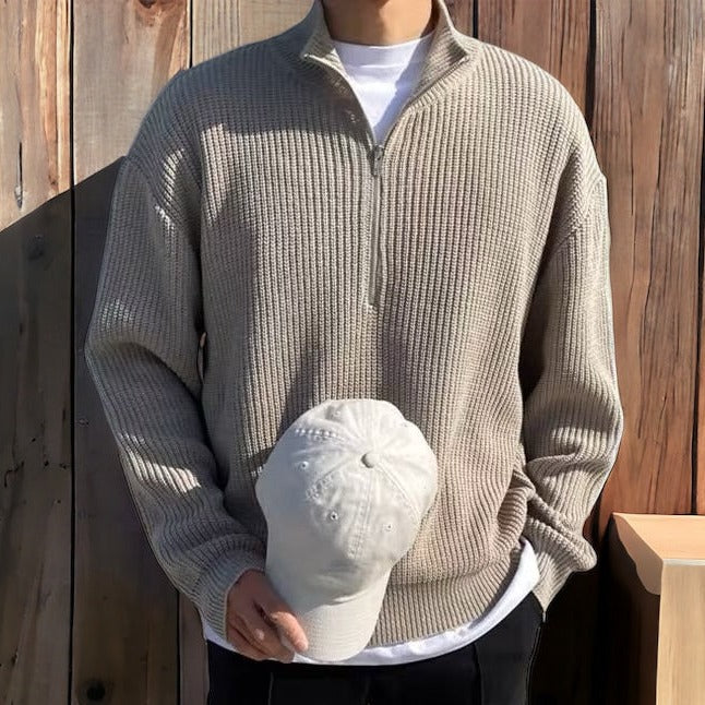 Men half zip sweater pleated knit in navy blue and grey