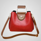 Women's two-tone leather handbag, shoulder bag in black, coffee and red