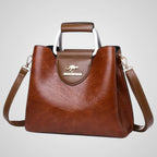 Women's two-tone leather handbag, shoulder bag in black, coffee and red