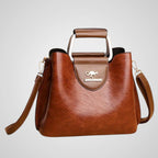 Women's two-tone leather handbag, shoulder bag in black, coffee and red