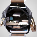 Women's two-tone leather handbag, shoulder bag in black, coffee and red