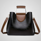 Women's two-tone leather handbag, shoulder bag in black, coffee and red
