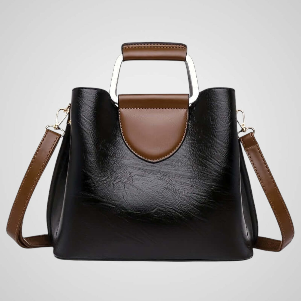 Women's two-tone leather handbag, shoulder bag in black, coffee and red