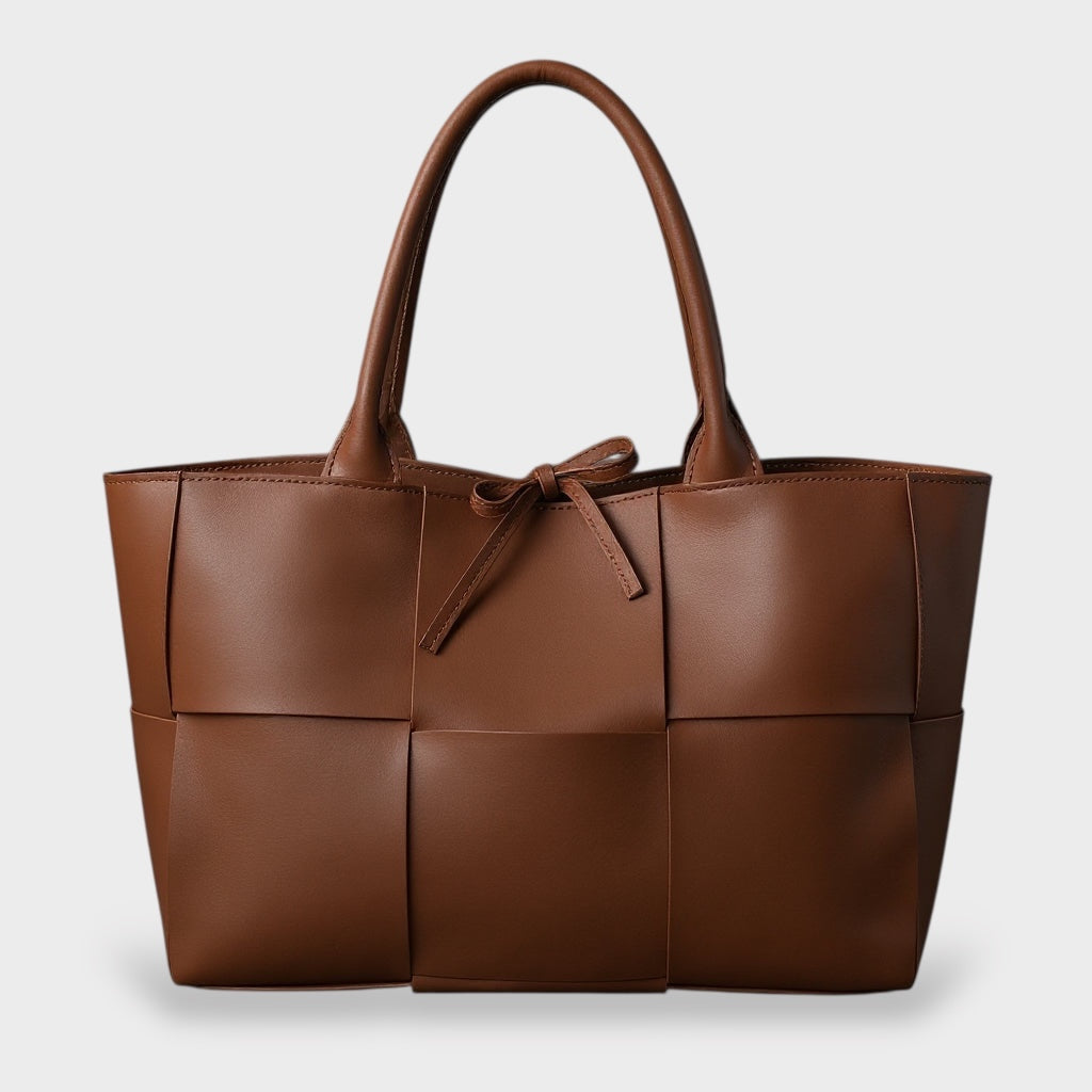 Women's woven panel tote bag with bow detail, oversized shoulder carry