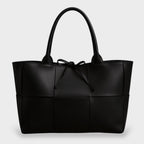 Women's woven panel tote bag with bow detail, oversized shoulder carry