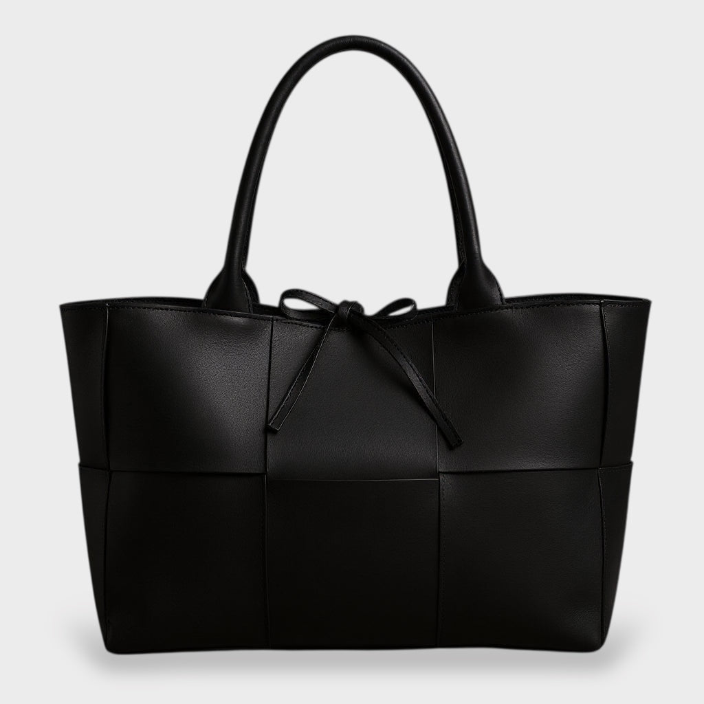 Women's woven panel tote bag with bow detail, oversized shoulder carry