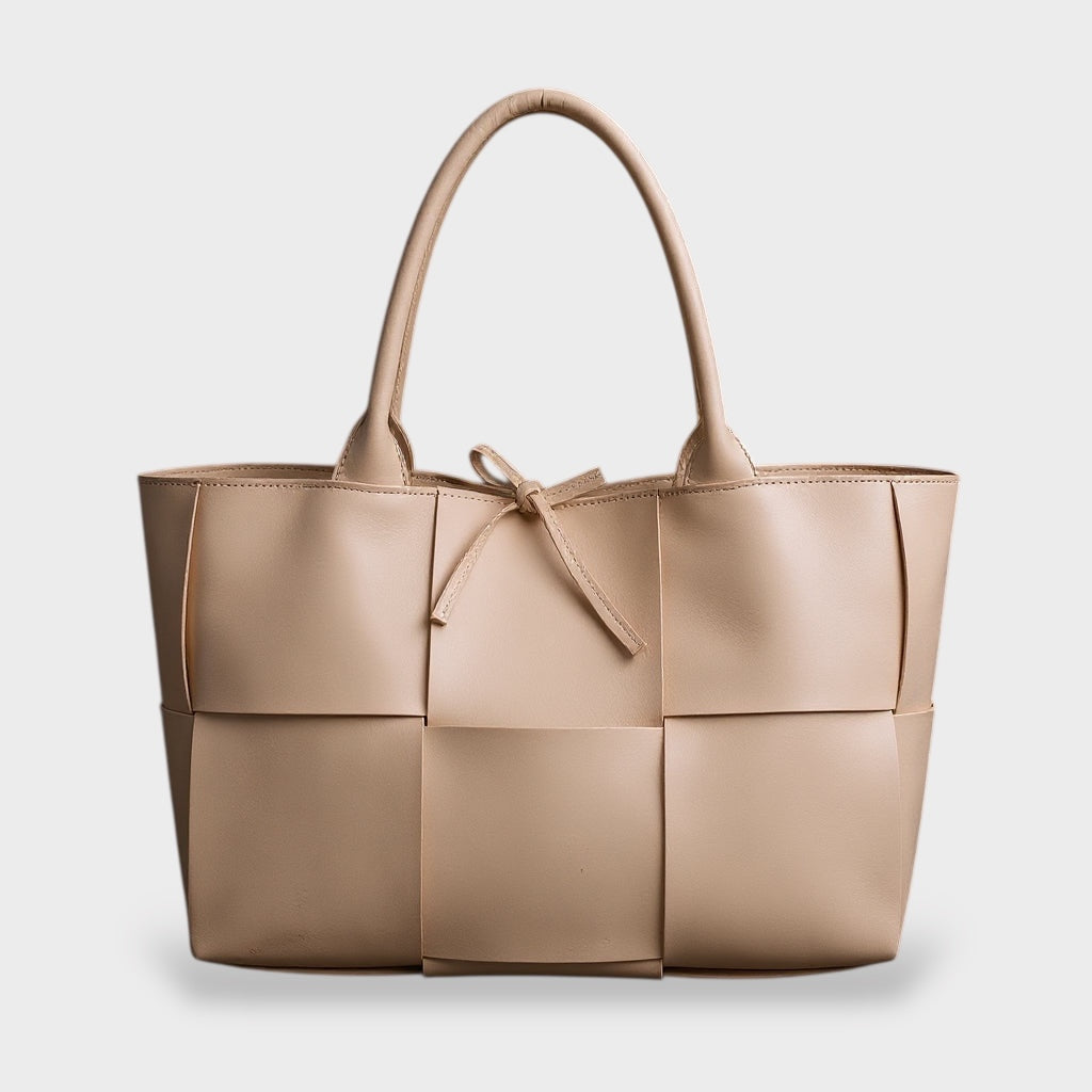 Women's woven panel tote bag with bow detail, oversized shoulder carry