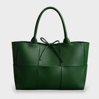 Women's woven panel tote bag with bow detail, oversized shoulder carry