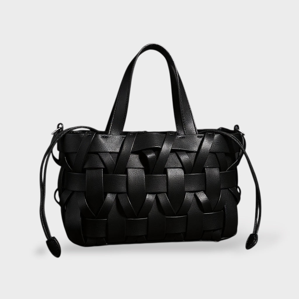 Women handwoven crossbody handbag with top handle in vegan leather