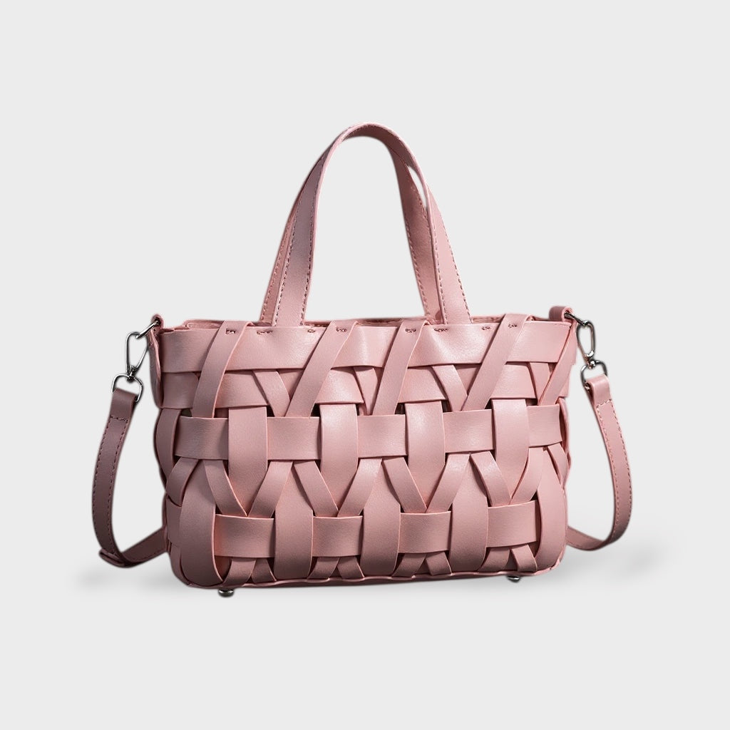 Women handwoven crossbody handbag with top handle in vegan leather