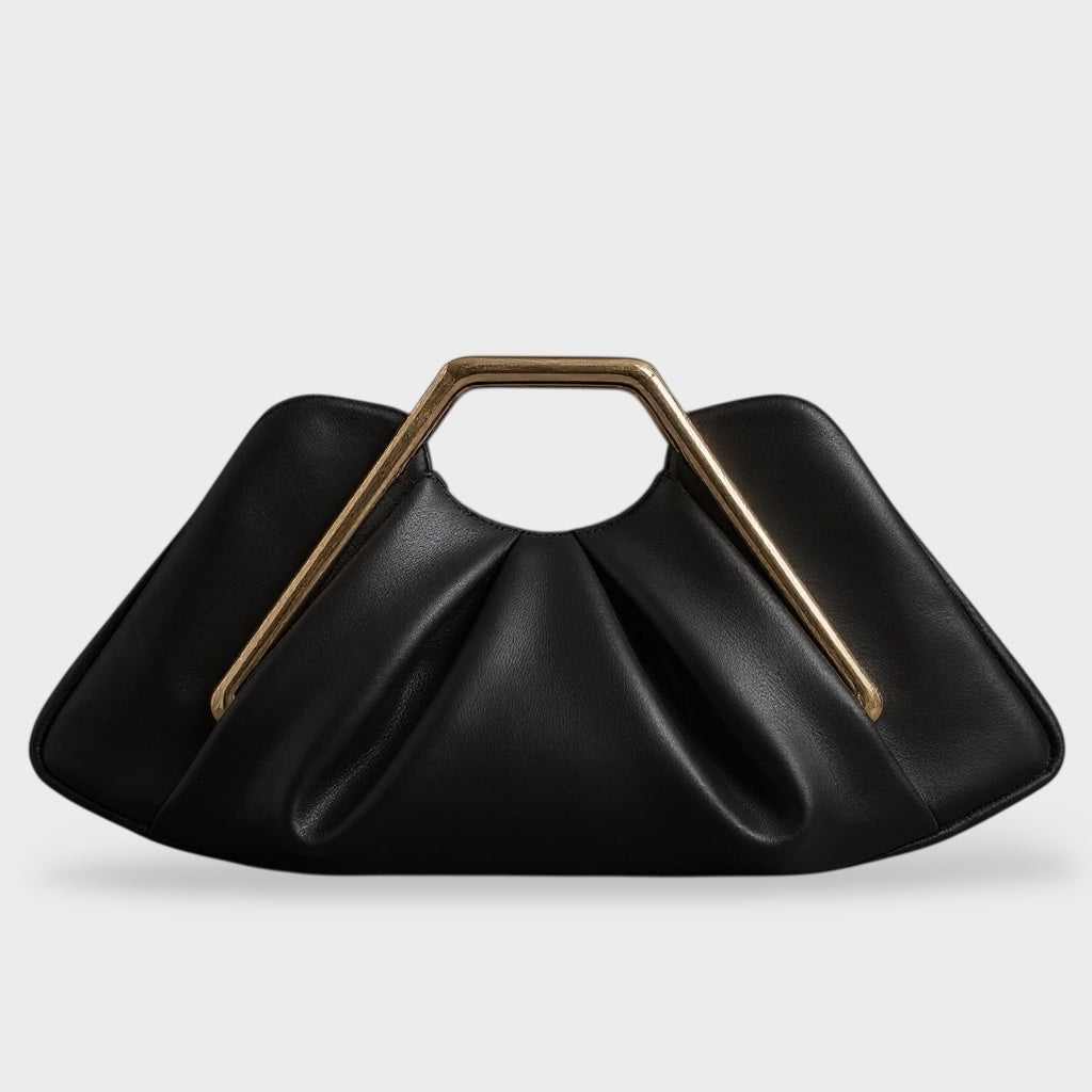Clutch bag with origami folds and polished gold hexagonal handle in microfiber leather