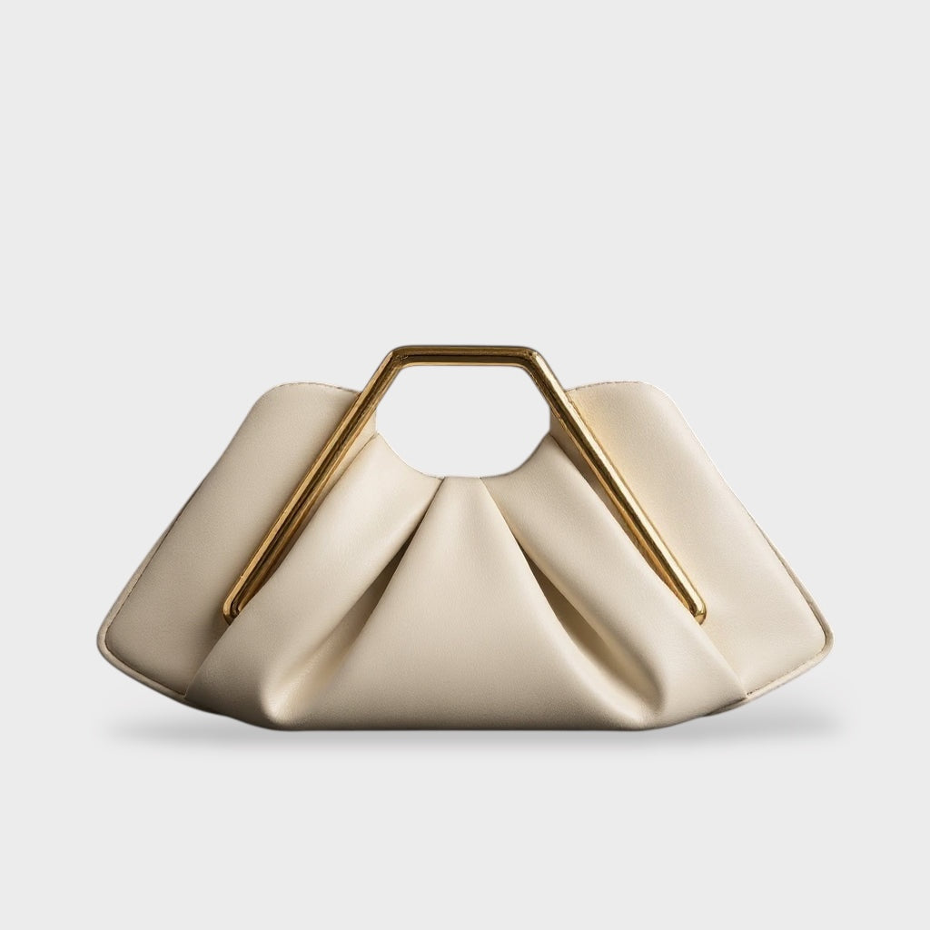 Clutch bag with origami folds and polished gold hexagonal handle in microfiber leather