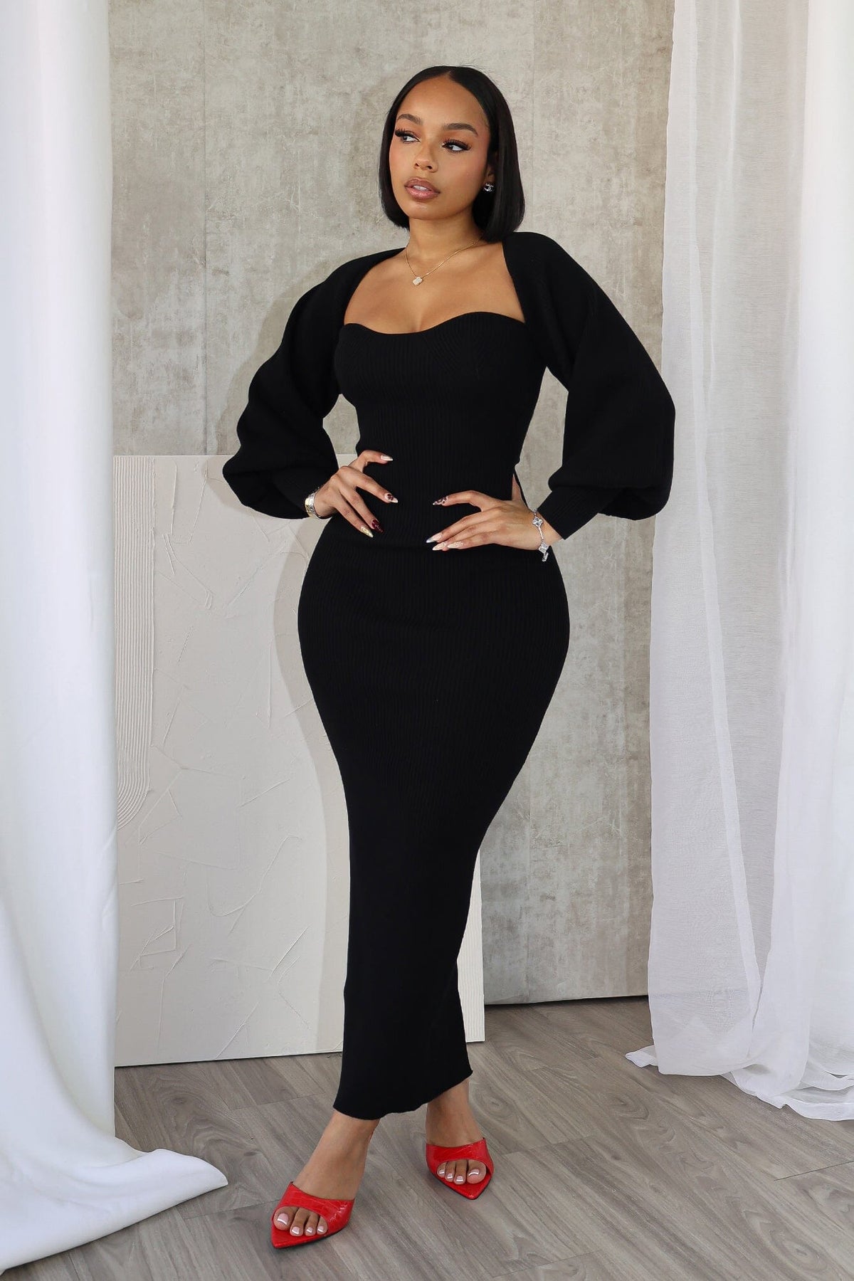 Women Long Sleeve Midi Dress Bodycon Balloon Sleeves | Soraya