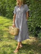 Women's striped shirt dress button-down casual with pockets, loose fit