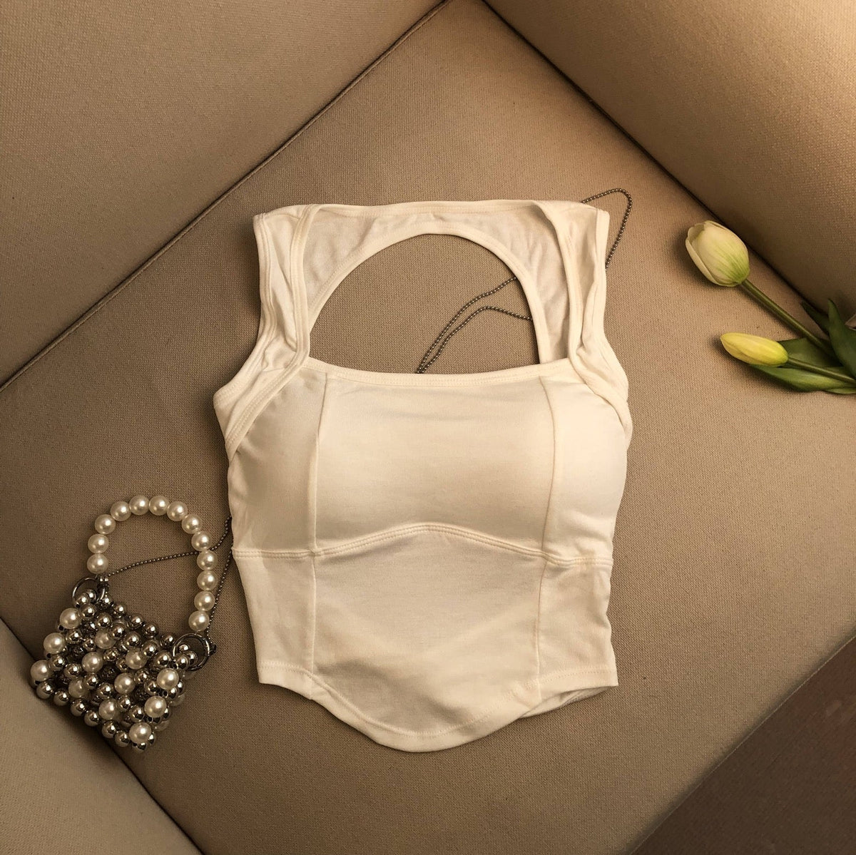 Crop Top Square Neck Built In Bra Padded Cotton | Mira