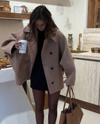 Women's oversized wool coat in brown and black, soft relaxed winter fit