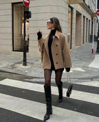 Women's oversized wool coat in brown and black, soft relaxed winter fit