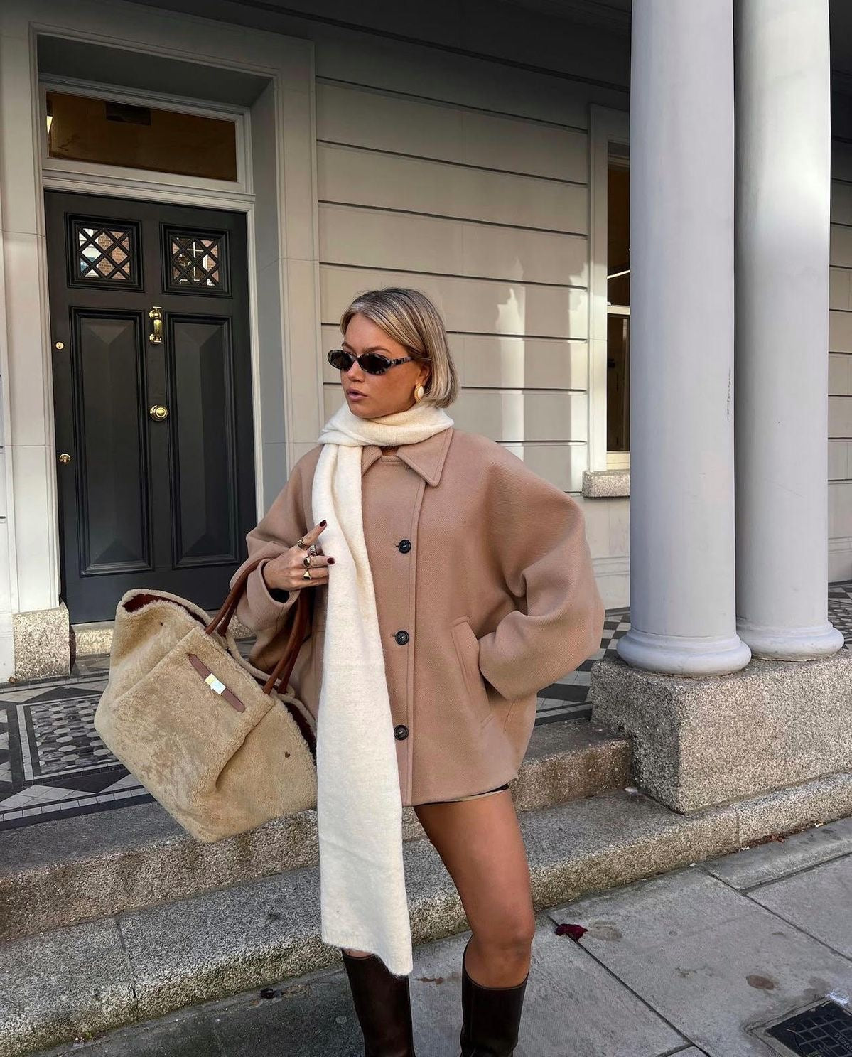Women's oversized wool coat in brown and black, soft relaxed winter fit