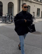 Women's oversized wool coat in brown and black, soft relaxed winter fit