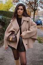 Women's oversized wool coat in brown and black, soft relaxed winter fit