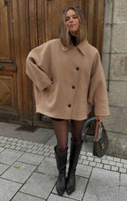 Women's oversized wool coat in brown and black, soft relaxed winter fit