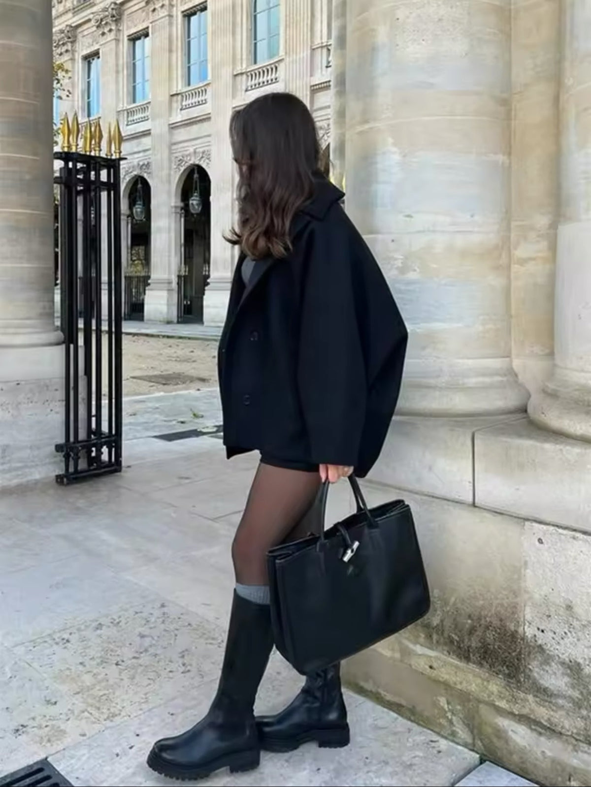 Women's oversized wool coat in brown and black, soft relaxed winter fit