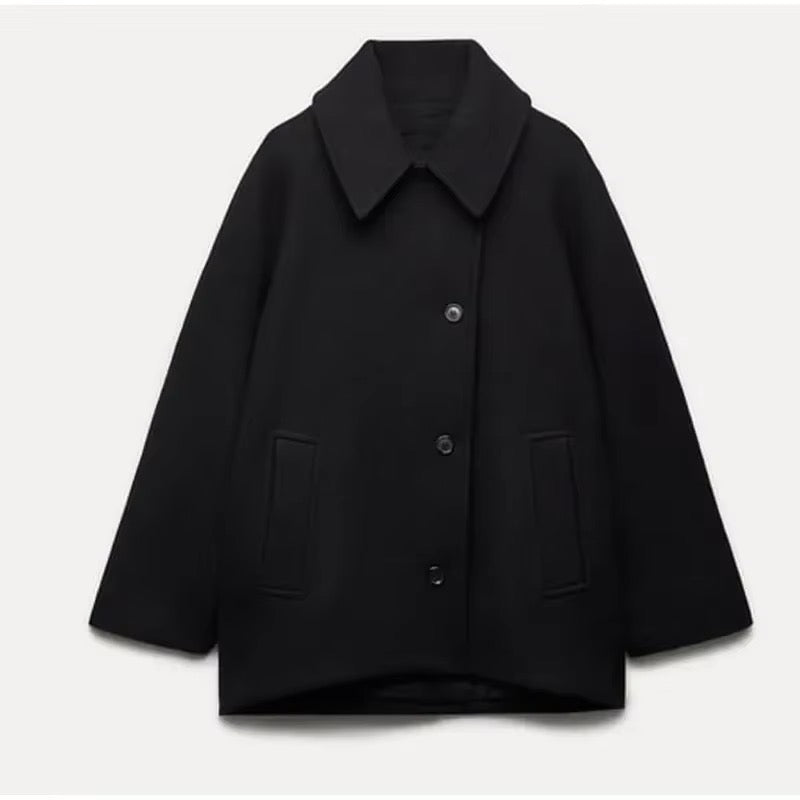 Women's oversized wool coat in brown and black, soft relaxed winter fit